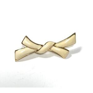 MONET Brooch Bow Cream Enamel Gold Tone Pin Vintage Signed